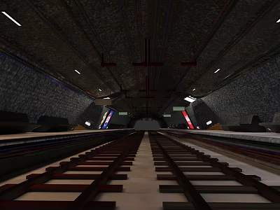 Subway Tunnel Interior Featuring Extending Tracks Stone Walls Red Structures And Lighting 3d model