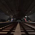 Subway Tunnel Interior Featuring Extending Tracks Stone Walls Red Structures And Lighting