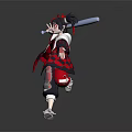 Anime Style Character With Red Black Hair Holding Sword In Dynamic Red Black Checkered Outfit Pose