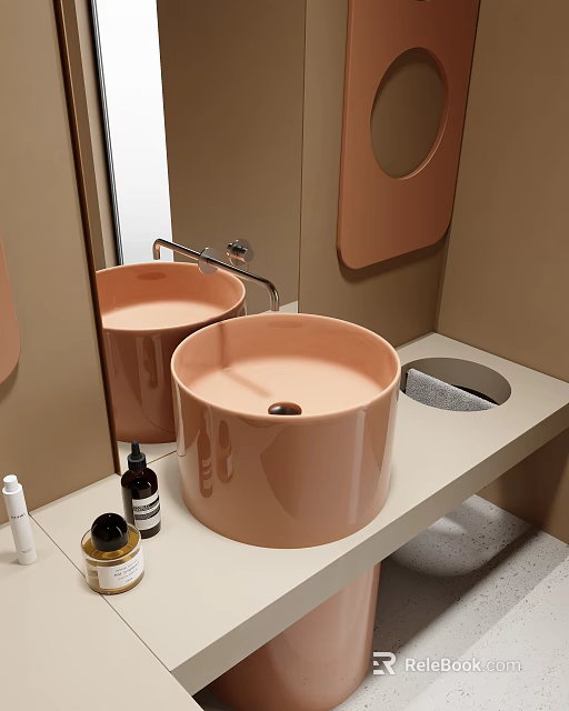 Minimalist Bathroom Interior With Round Pink Basin Mirror And Toiletries On Countertop 3d model 