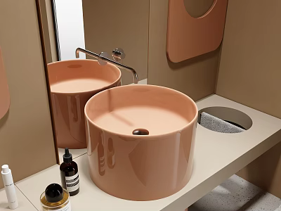 Minimalist Bathroom Interior With Round Pink Basin Mirror And Toiletries On Countertop 3d model