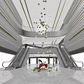 Contemporary Shopping Mall Lobby With Escalators Chandelier Decorative Spheres And Marble Floor