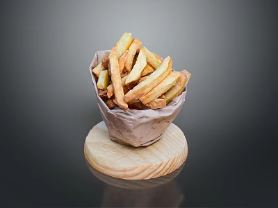 Crispy French Fries Served in Paper Bag on Wooden Board over Dark Background 3d model