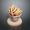 Crispy French Fries Served in Paper Bag on Wooden Board over Dark Background