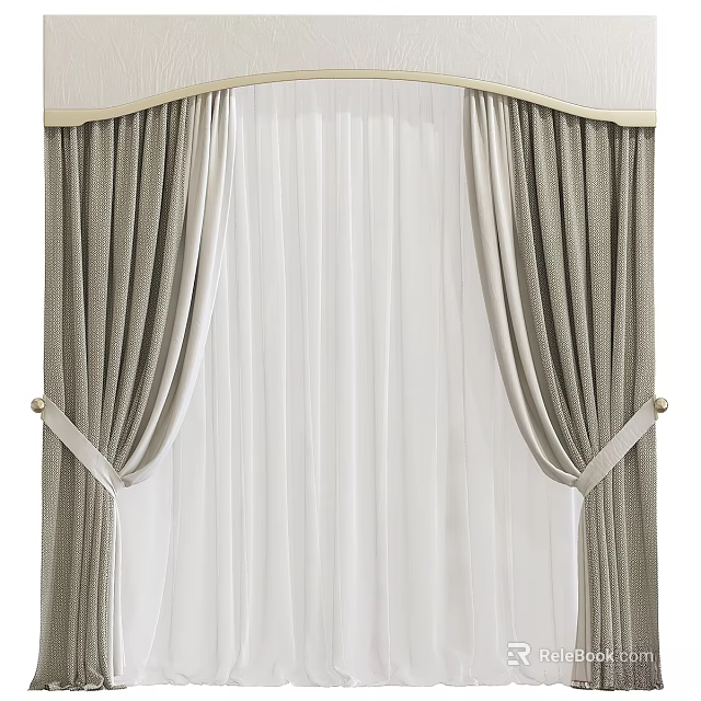 Elegant Double Layer Curtains Featuring Sheer White Inner And Neutral Tone Outer Panels 3d model 