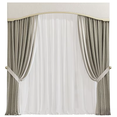 Elegant Double Layer Curtains Featuring Sheer White Inner And Neutral Tone Outer Panels 3d model
