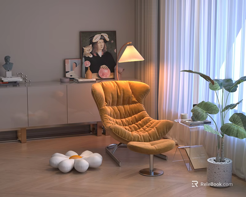 Cozy Orange Velvet Accent Chair With Metal Frame Floor Lamp Green Plant Artwork 3d model 