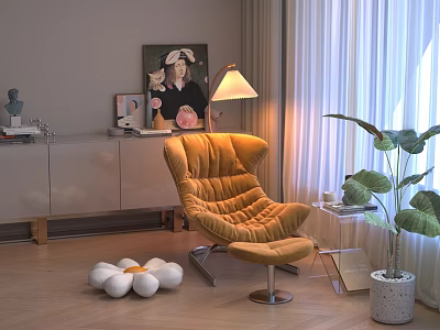 Cozy Orange Velvet Accent Chair With Metal Frame Floor Lamp Green Plant Artwork 3d model