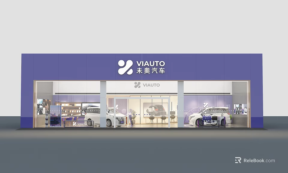 VIAUTO Car Storefront with Purple Facade and Glass Windows Displaying Vehicles in Showroom Interior 3d model 