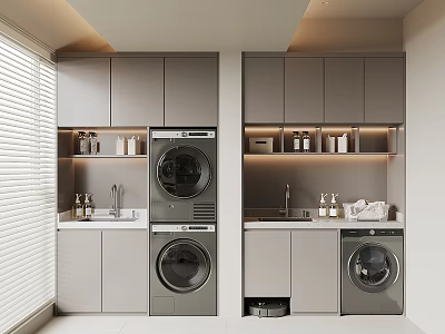 Modern Functional Balcony Cabinets With Washing Machines Sink And Storage Design 3d model