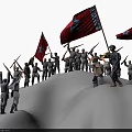 Soldiers In Gray Military Uniforms Holding Rifles Carrying Red Flags With White Stars On Hill