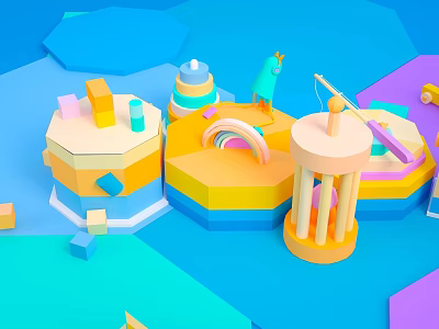 Futuristic Sci-Fi Scene With Colorful Geometric Structures Hexagonal Platforms And Rainbow Accents 3d model