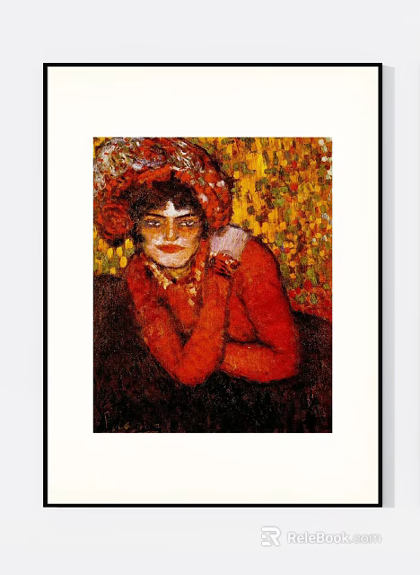 Vibrant Portrait Painting of a Woman in Red Clothing with Decorative Hat and Colorful Background 3d model 
