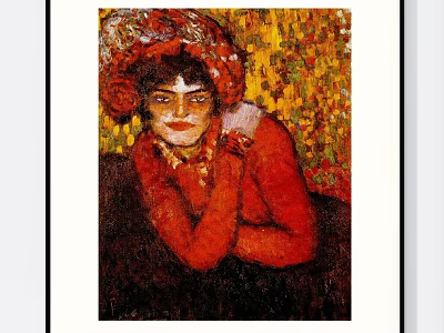 Vibrant Portrait Painting of a Woman in Red Clothing with Decorative Hat and Colorful Background 3d model