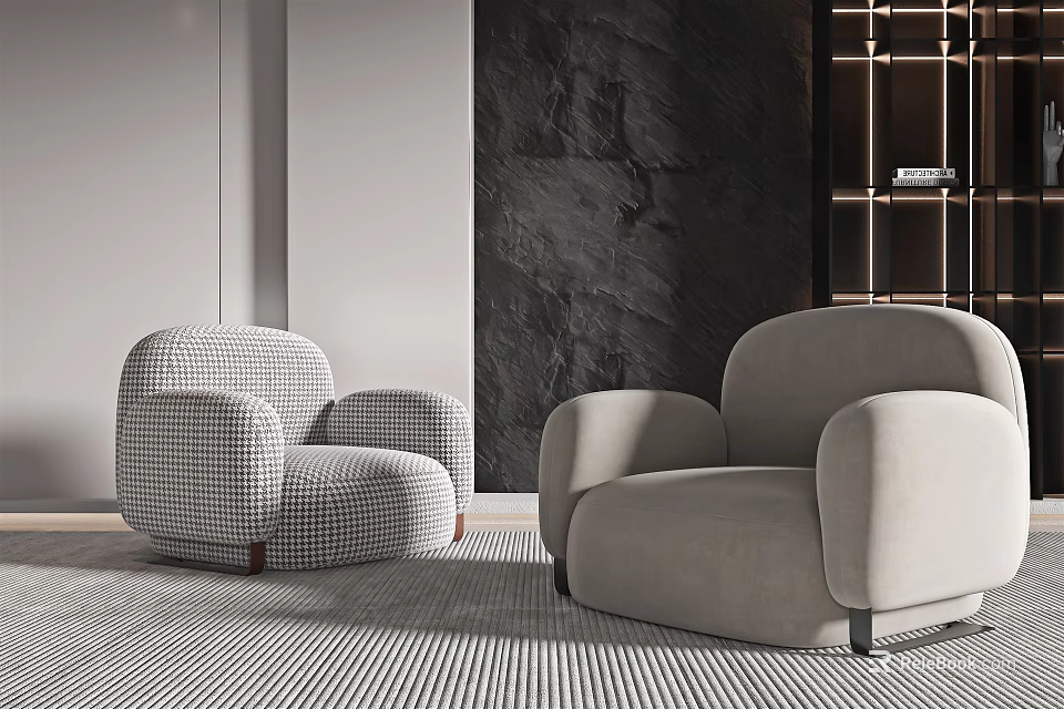 Plaid Pattern And Solid Color Armchairs In Modern Interior With Striped Carpet And Dark Wall 3d model 