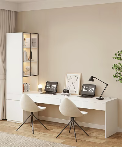 White Desk with Two Chairs Laptops Showing 0520 Time Desk Lamp Bookshelf and Green Plant 3d model
