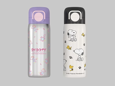 Two Insulated Snoopy Themed Thermal Cups With Purple And Black Lids 3d model