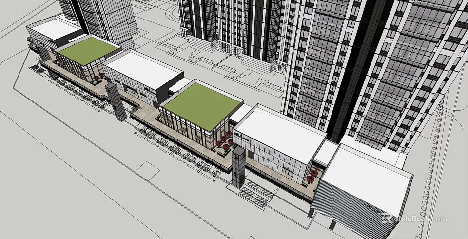 Modern Commercial Street With Green Roof Shops And High Rise Buildings Around 3d model 