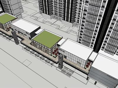 Modern Commercial Street With Green Roof Shops And High Rise Buildings Around 3d model