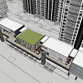 Modern Commercial Street With Green Roof Shops And High Rise Buildings Around