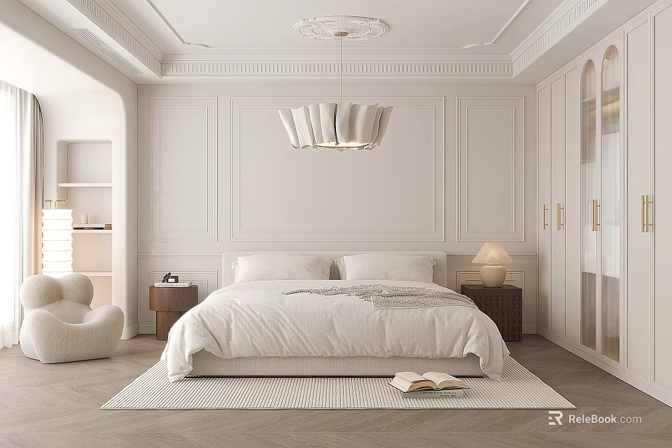 Elegant Modern Bedroom With Large Bed White Bedding Wainscoting Chandelier Wardrobe And Plush Chair 3d model 