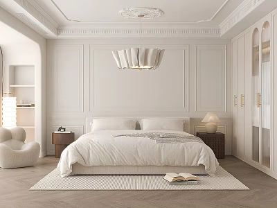 Elegant Modern Bedroom With Large Bed White Bedding Wainscoting Chandelier Wardrobe And Plush Chair 3d model