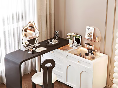Modern Dressing Table Black White Mirror Chair Drawers With Cosmetics Flowers Photo Frame 3d model