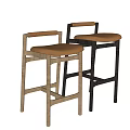 Two Modern Bar Stools With Wooden Frames Brown Leather Seats And Sturdy Design
