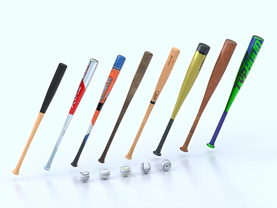 Sports Equipment Display Featuring Various Baseball Bats And Multiple Baseballs Arranged 3d model