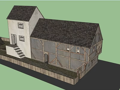 Detached House Exterior With Black Roof White Walls Wooden Frame Staircase And Fence 3d model