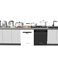 Modern Kitchen Countertop With Daily Appliances Coffee Maker Kettle Pots And Stove