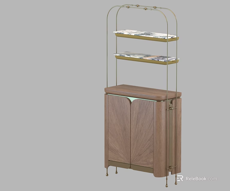 Modern Wooden Storage Cabinet with Metal Frame and Marble Shelves Design 3d model 