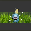Blue Cartoon Game and Movie Character with Yellow Ears and White Orbs in Green Grass and Water