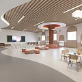 Bright Kindergarten Classroom Interior Design With Wooden Ceiling Colorful Children Tables Chairs And Play Area