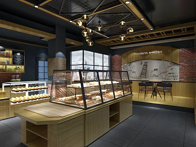 Modern Dessert Shop With Wooden Counter Glass Display Cases Brick Walls Pendant Lights And Tables 3d model