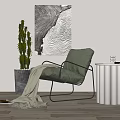 Green Single Sofa with Throw Blanket Cactus Plant Wall Art and Side Table 3d model