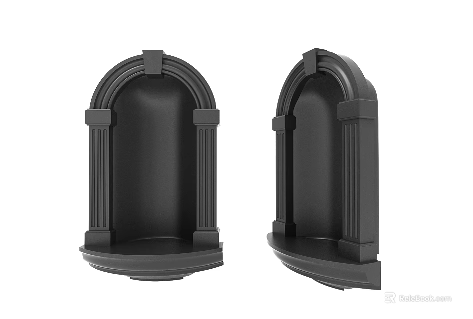Black Carved Wall Shelves with Arched Top and Column Design 3d model 