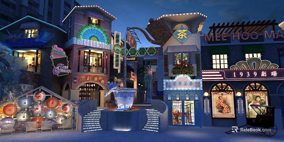 Vibrant Commercial Street At Night With Neon Signs Chinese Style Shops And Fountain Decorations 3d model 