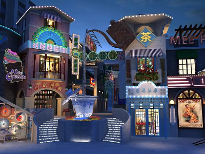 Vibrant Commercial Street At Night With Neon Signs Chinese Style Shops And Fountain Decorations 3d model