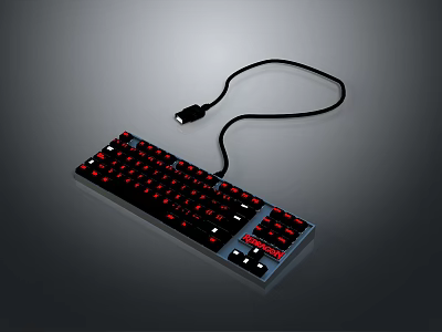 Computer Keyboard With Red Backlit Keys And Black USB Cable Connector 3d model