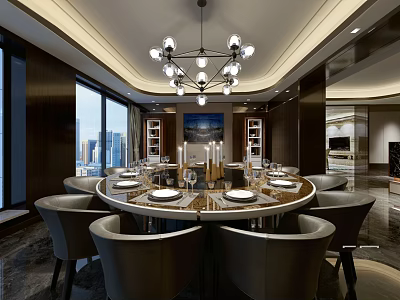 Elegant Modern Restaurant Interior With Round Dining Table Chandelier And City View 3d model
