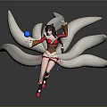 Mythical Game and Movie Character With Nine White Tails Red Gold Outfit Long Black Hair And Blue Orb