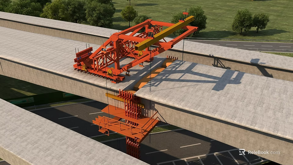 Bridge Construction Site With Orange Heavy Machinery Working On Structure 3d model 