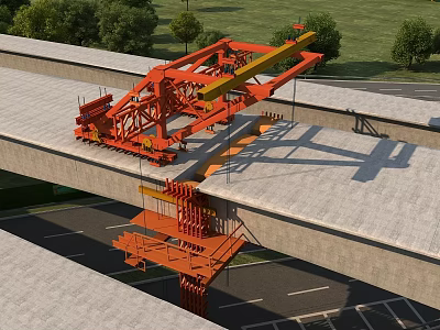 Bridge Construction Site With Orange Heavy Machinery Working On Structure 3d model