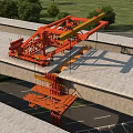 Bridge Construction Site With Orange Heavy Machinery Working On Structure