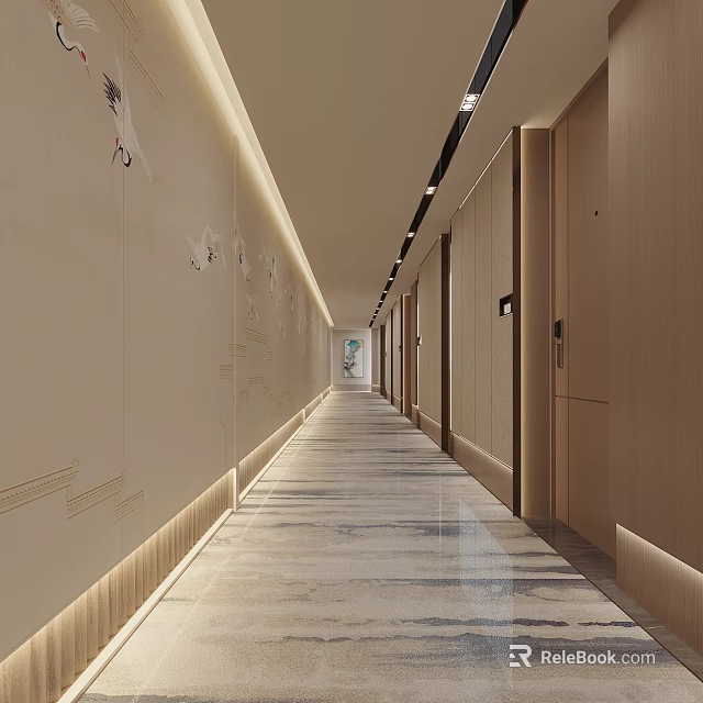 Elegant Hotel Corridor With Modern Design Warm Lighting And Decorative Wall Panels 3d model 