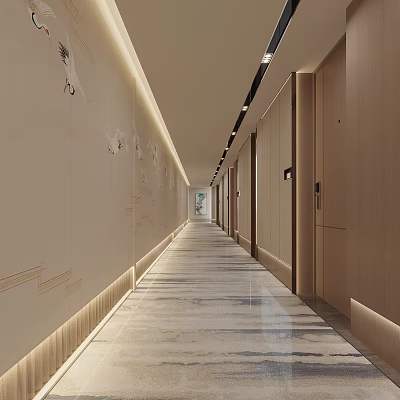 Elegant Hotel Corridor With Modern Design Warm Lighting And Decorative Wall Panels 3d model