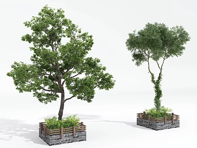Outdoor Square Wooden Tree Planter With Green Trees And Small Plants 3d model