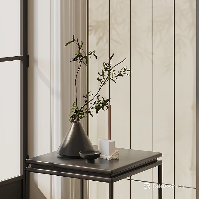 Black Conical Vase with Olive Branch on Black Table and Decorative Items Striped Wall 3d model 