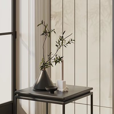Black Conical Vase with Olive Branch on Black Table and Decorative Items Striped Wall 3d model